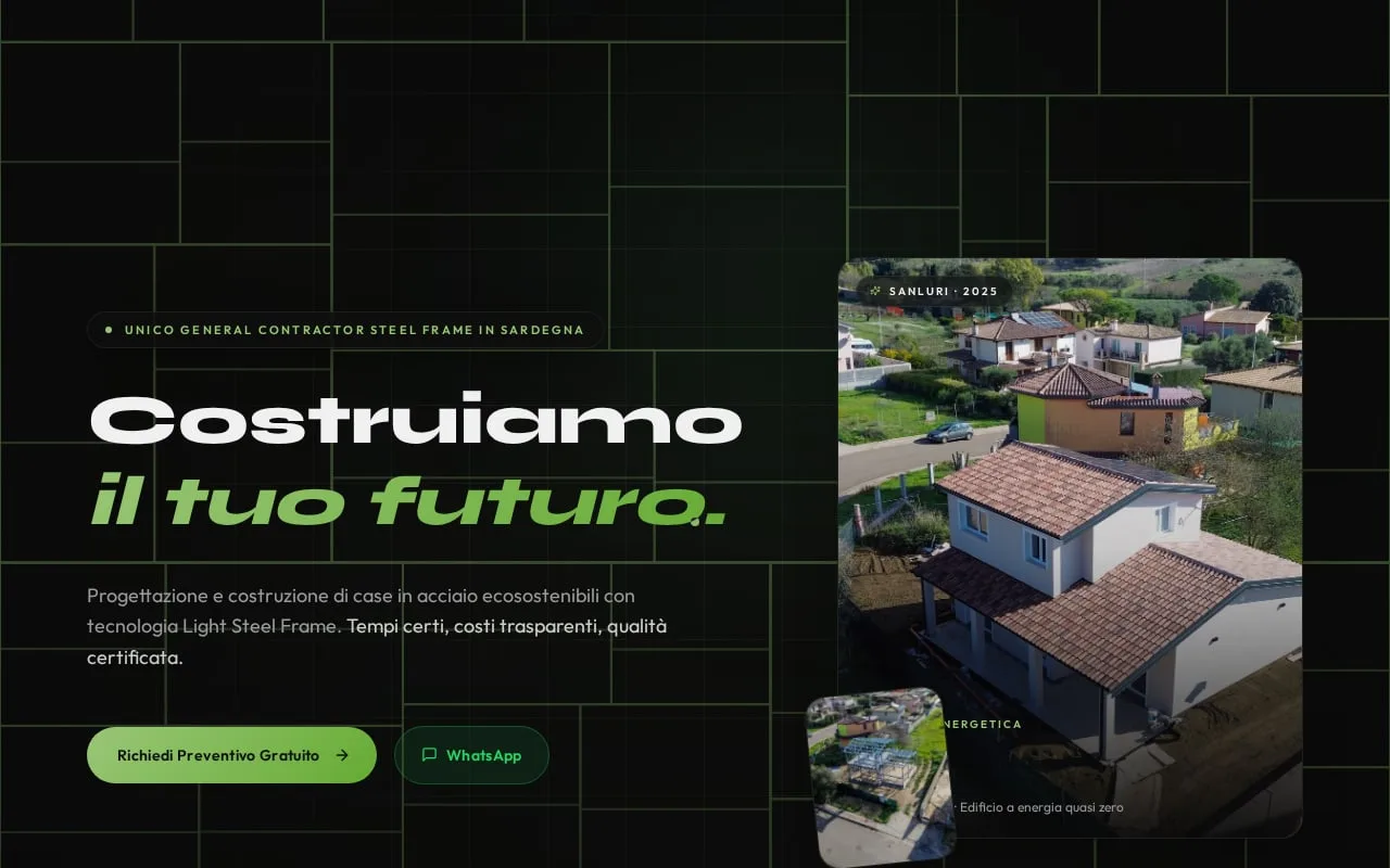 La prima schermata del sito in tema scuro: «Costruiamo il tuo futuro» su una griglia di mattoni verdi, e accanto la fotografia aerea della villa di Sanluri con l'etichetta «edificio a energia quasi zero»