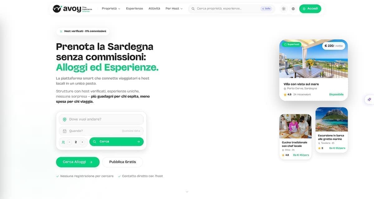 Hero della homepage di AVOY con ricerca e invito a prenotare in Sardegna
