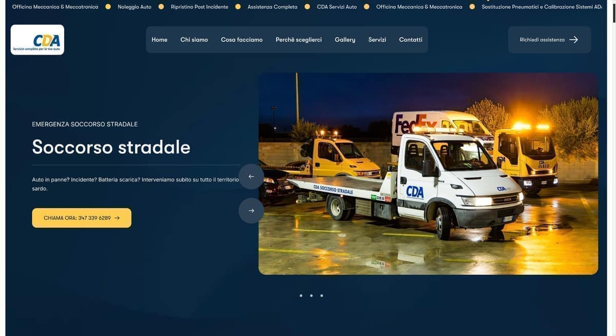 Hero del sito CDA Servizi Auto dedicata al soccorso stradale con chiamata diretta