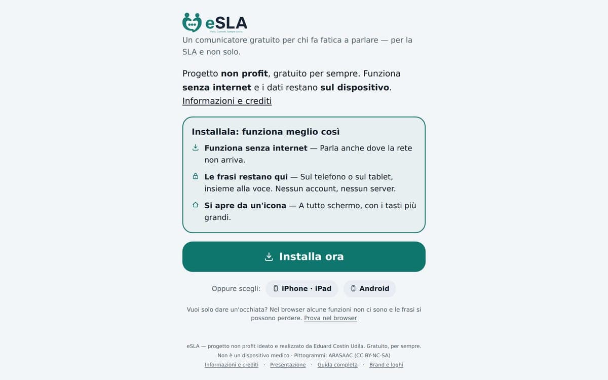 La pagina di esla.it: "Un comunicatore gratuito per chi fa fatica a parlare — per la SLA e non solo", con il riquadro di installazione e il bottone "Installa ora"
