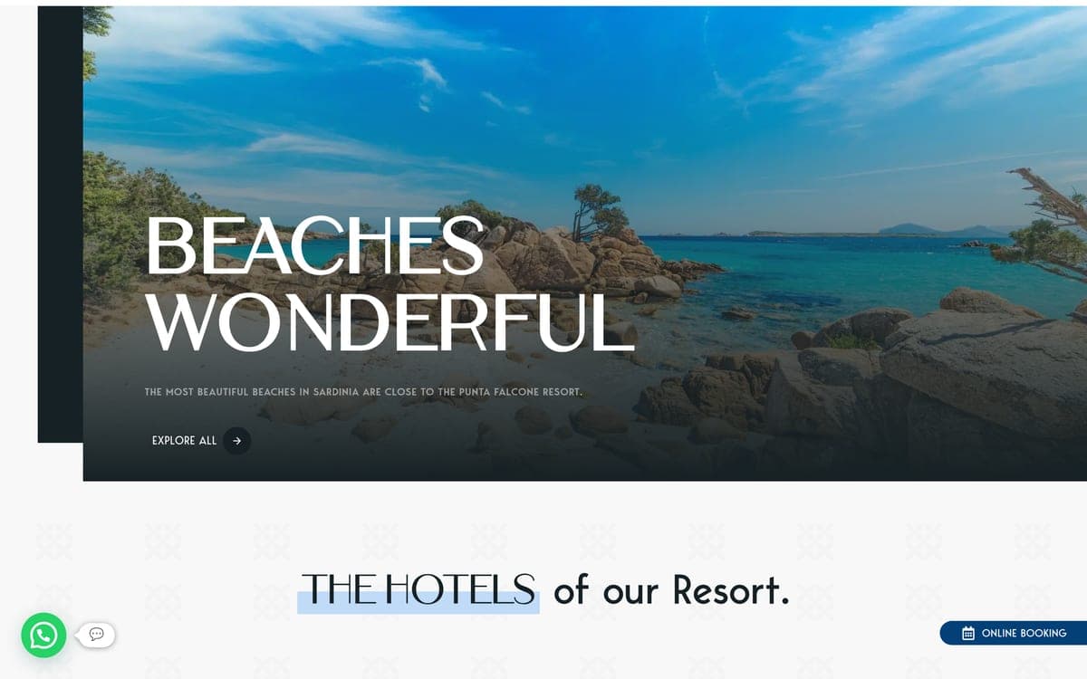 La home di puntafalconeresort.com: "Beaches wonderful", con la costa di Santa Teresa Gallura e l'invito a esplorare le spiagge del resort